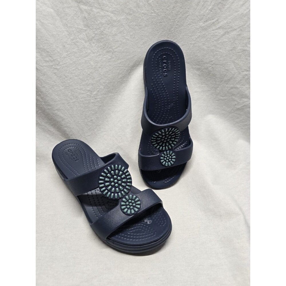 Crocs Monterey Women's Blue Wedge Dual Comfort Slip On Slides Sandals - Size 6